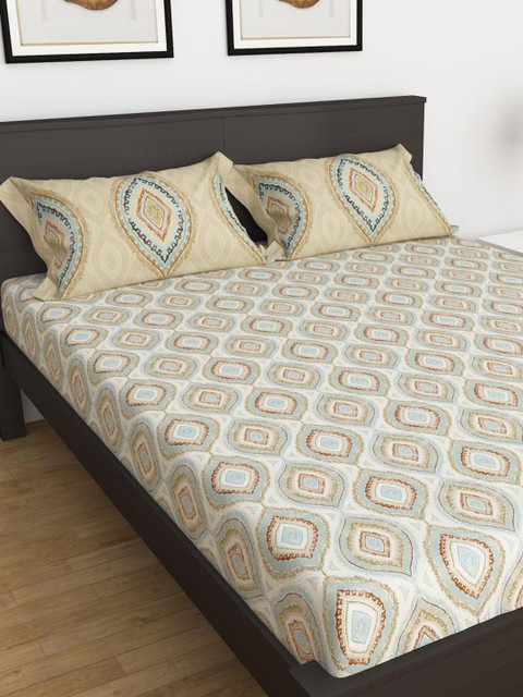 

Home Centre Beige Floral 120 TC 3 King Bedsheet with Pillow Covers