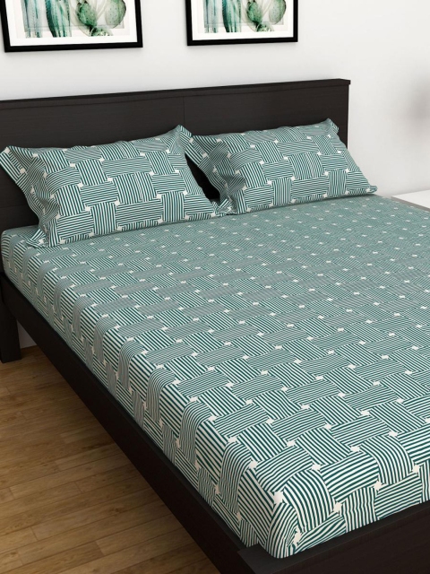 

Home Centre Green Striped 260 TC 3 King Bedsheet with Pillow Covers