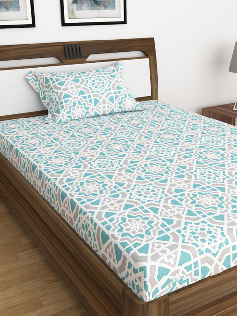 

Home Centre Turquoise Blue & Grey Ethnic Motifs 150 TC King Bedsheet with 1 Pillow Covers