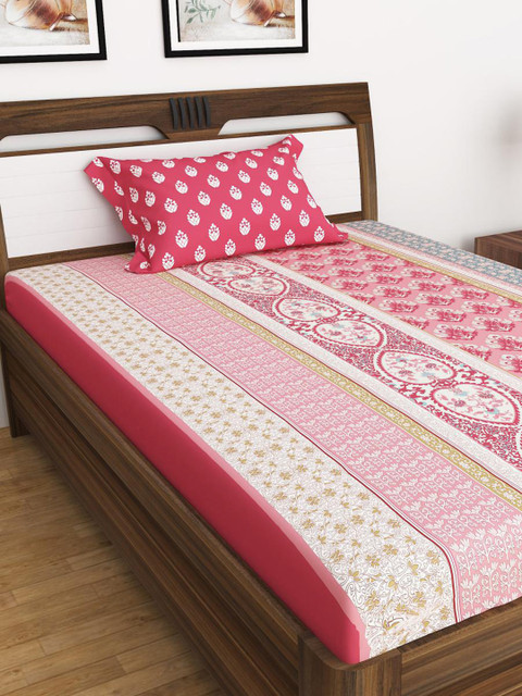 

Home Centre Pink & White Ethnic Motifs 100 TC Single Bedsheet with 1 Pillow Covers