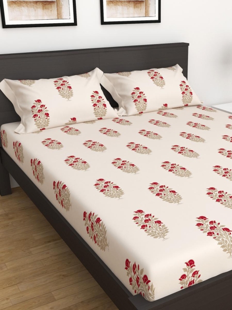 

Home Centre Beige & Red Floral King Bedsheet with 2 Pillow Covers