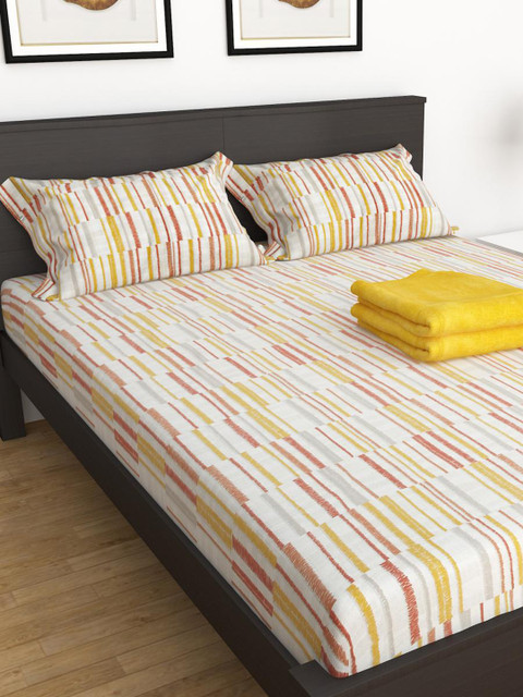 

Home Centre White & Pink Striped King Bedsheet with 2 Pillow Covers & Towels