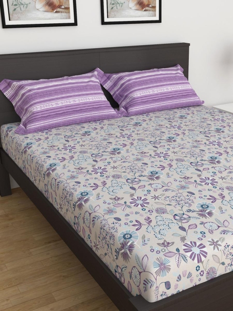 

Home Centre Beige & Purple Floral King Bedsheet with 2 Pillow Covers