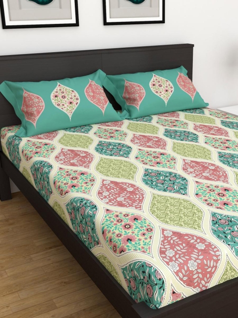 

Home Centre Teal & Pink Ethnic Motifs 100 TC King Bedsheet with 2 Pillow Covers