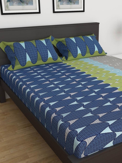 

Home Centre Navy Blue & Green Geometric King Bedsheet with 2 Pillow Covers