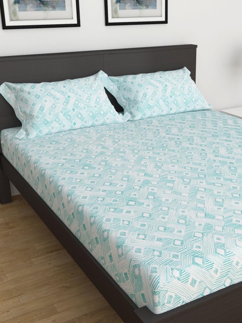 

Home Centre Turquoise Blue & White Geometric 220 TC King Bedsheet with 2 Pillow Covers