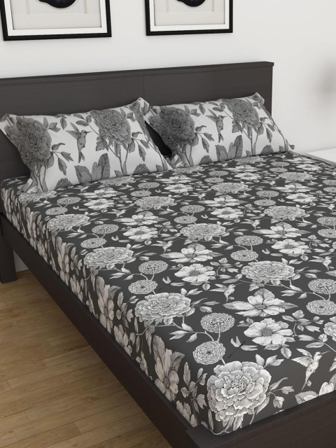 

Home Centre Grey Floral 104 TC 3 King Bedsheet with Pillow Covers