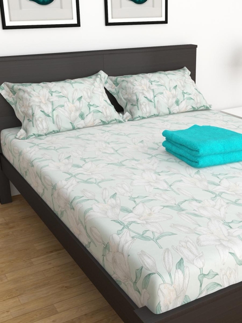 

Home Centre White & Turquoise Blue Floral 330 TC 5 King Bedsheet with Pillow Covers