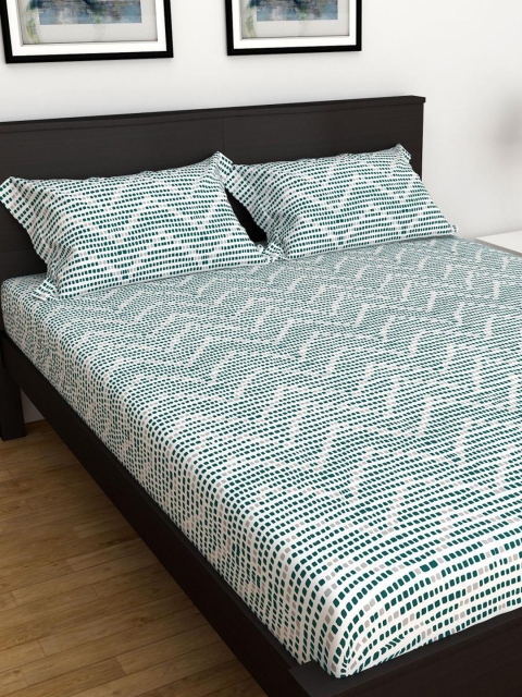 

Home Centre White & Teal Green Striped 250 TC 3 King Bedsheet with Pillow Covers