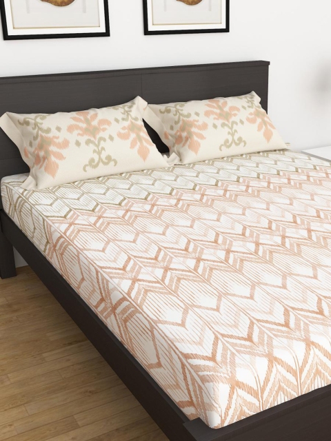 

Home Centre White & Pink Geometric 150 TC 3 King Bedsheet with Pillow Covers