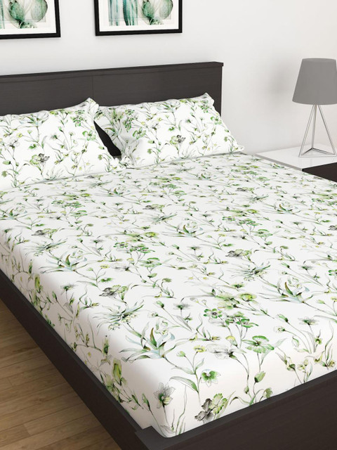 

Home Centre White & Green Floral 150 TC 2 Single Bedsheet with Pillow Covers