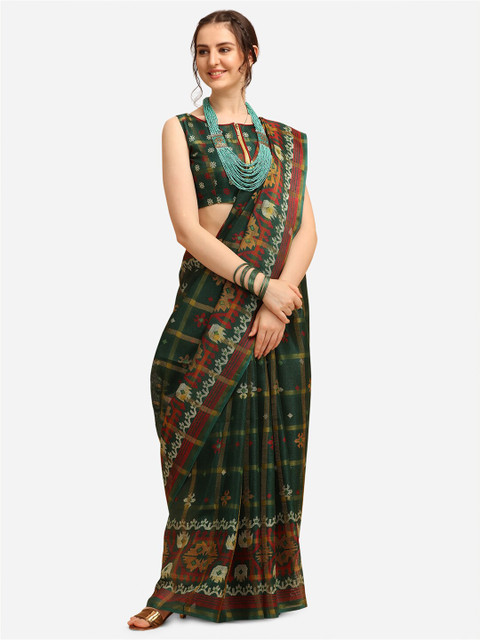 

KALINI Green & Red Ethnic Motifs Fusion Kota Saree
