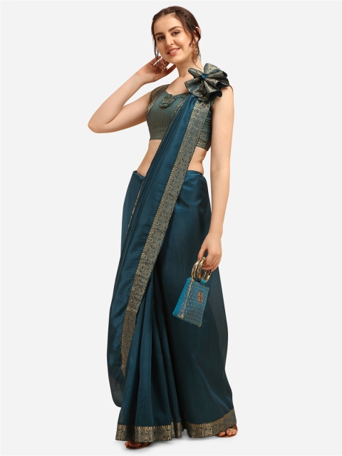 

KALINI Teal & Gold-Toned Silk Blend Fusion Saree
