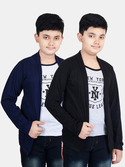 

Fabshio Boys Pack of 2 White & Black Printed Cotton T-shirts With Attached Shrugs