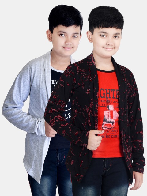 

Fabshio Boys Pack of 2 Red & Black Printed Cotton T-shirts With Attached Shrugs
