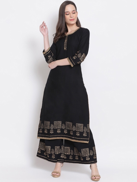 

Varkha Fashion Women Black Floral Yoke Design Regular Kurti with Sharara