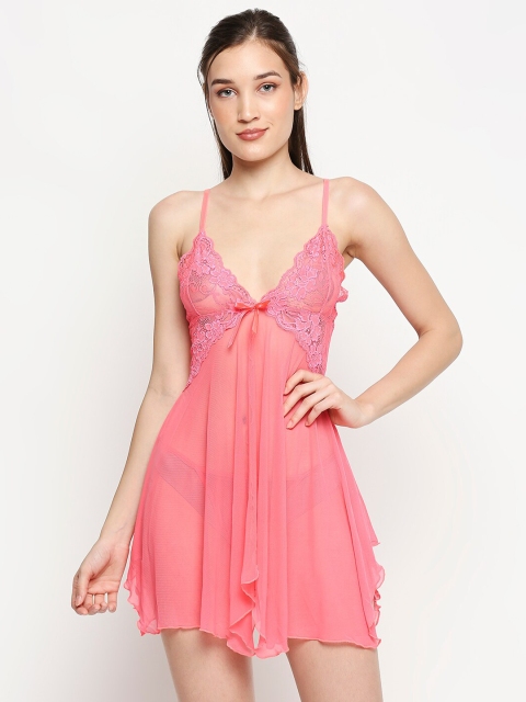 

Lady Love Women Peach Self Design Net Babydoll