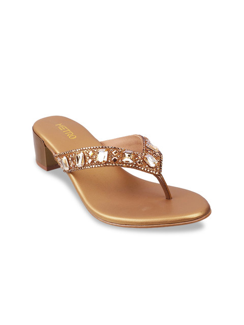 

Metro Women Gold Woven Design Block Sandals With Ethnic Embellishments