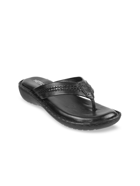 

Metro Women Black Textured Leather Wedge Sandals with Laser Cuts