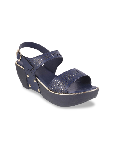

Metro Women Blue & Gold Textured Casual Wedge Sandals With Western Embellishments