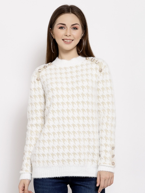 

Mafadeny Women Cream & Beige Geometric Self Design Pullover With Button Detailing