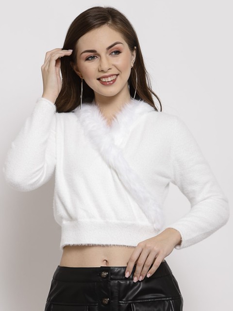 

Mafadeny Women White Solid Cropped Pullover