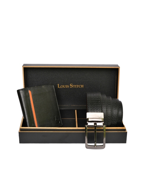 

LOUIS STITCH Men Black & Orange Genuine Leather Accessory Gift Set