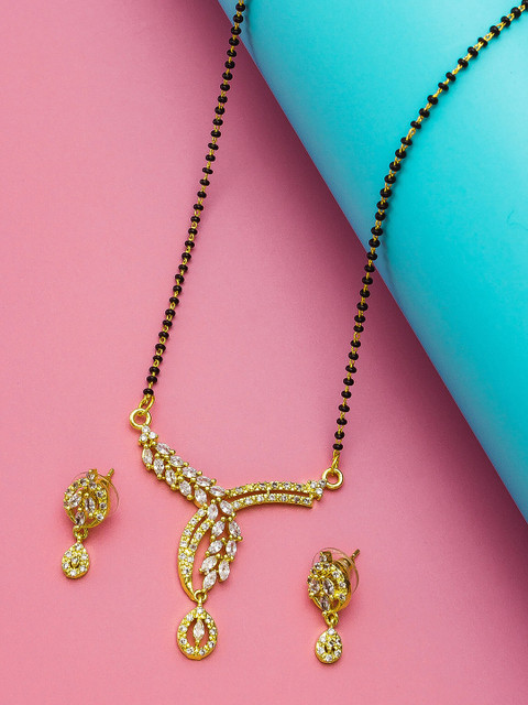 

aadita Gold-Plated Black & White AD-Studded & Beaded Mangalsutra With Earrings