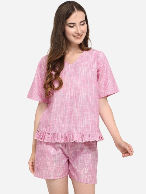 

Mesmora Women Pink & Off White Printed Night suit