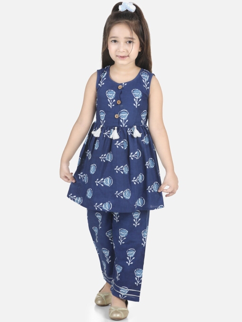 

BownBee Girls Blue Floral Printed Regular Pure Cotton Kurti with Palazzos