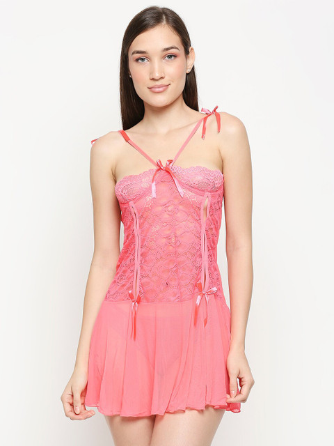 

Lady Love Women Peach-Coloured Self Design Baby Doll