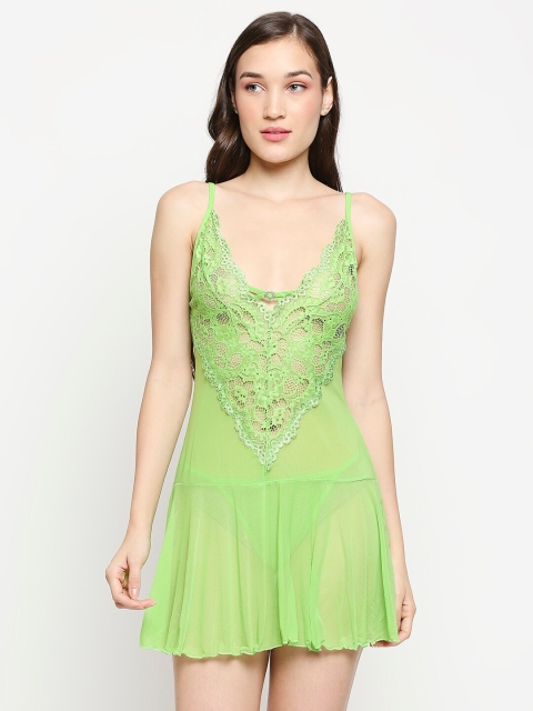 

Lady Love Women Green Self Design Flared Net Baby Doll