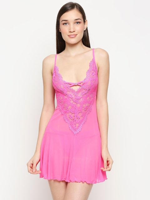 

Lady Love Women Pink Self Design Flared Net Baby Doll
