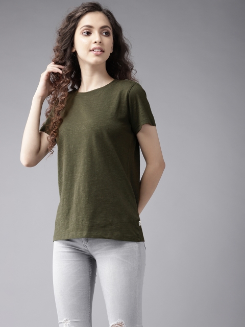 

UTH by Roadster Girls Olive Green Solid Cotton T-shirt