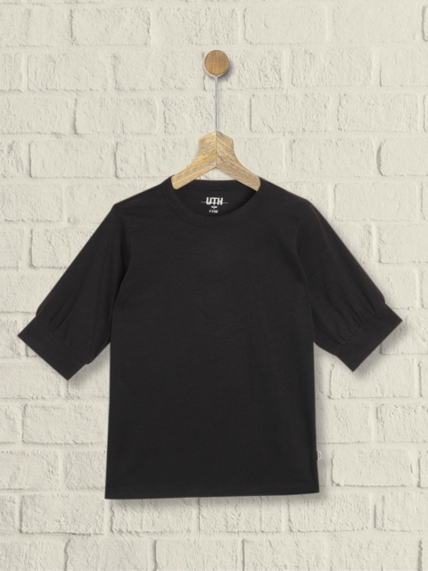 

UTH by Roadster Girls Black Cotton Solid Puff Sleeves T-shirt