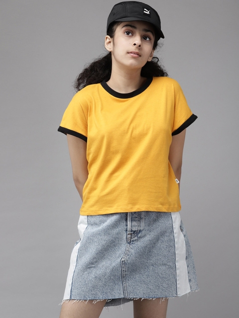 

UTH by Roadster Mustard Yellow & Black Pure Cotton Crop Top