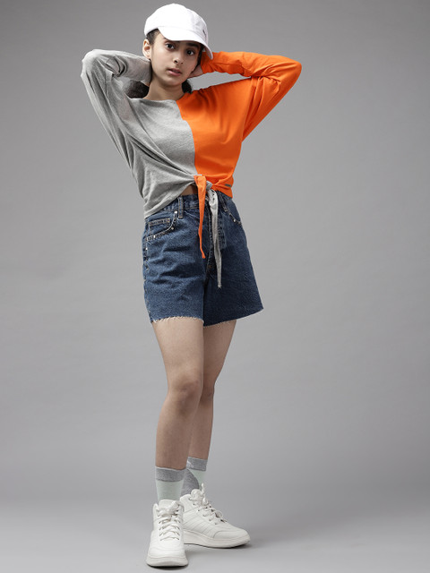 

UTH by Roadster Grey Melange & Orange Colourblocked Drop Sleeves Top with Knot Detail