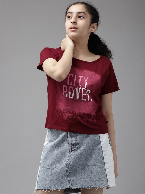 

UTH by Roadster Girls Maroon & Pink Typography Printed Extended Sleeves Cotton T-shirt