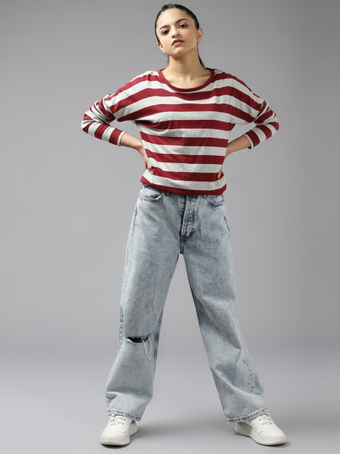 

UTH by Roadster Girls Grey & Maroon Striped Extended Sleeves T-shirt
