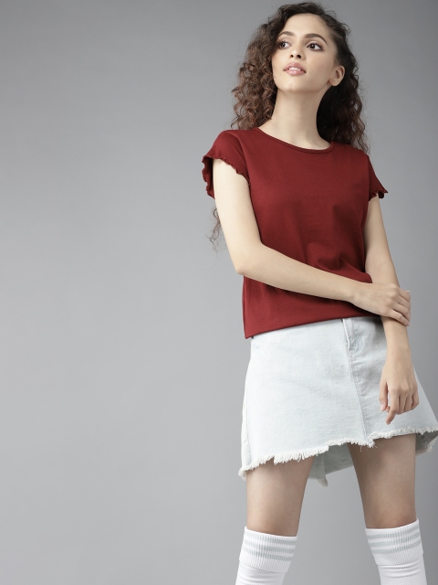 

UTH by Roadster Girls Maroon Cotton Solid Lettuce Hem Top