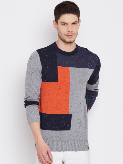 

United Colors of Benetton Men Grey Melange Colourblocked Sweater, Green