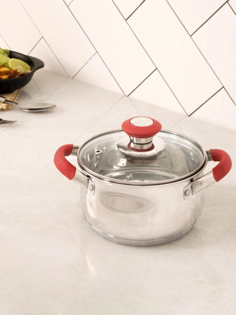 

Home Centre Silver-Toned & Red Solid Stainless Steel Sauce Pot With Glass Lid