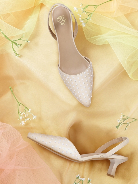 

House of Pataudi Beige & White Embellished Handcrafted Party Pumps