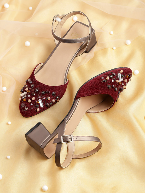 

House of Pataudi Maroon Embellished Block Pumps