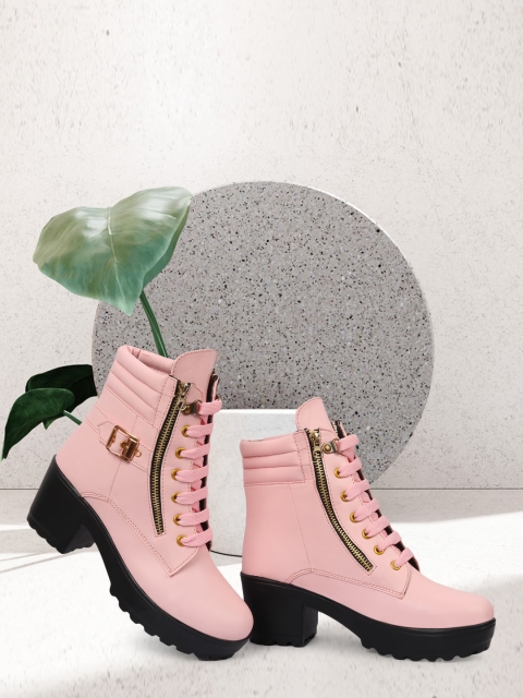 

Alishtezia Women Pink Solid PU Block Heeled Boots