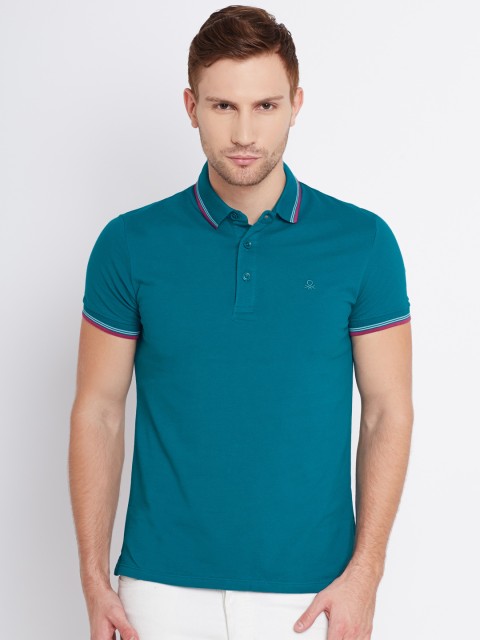 

United Colors of Benetton Men Teal Blue Solid Polo T-Shirt