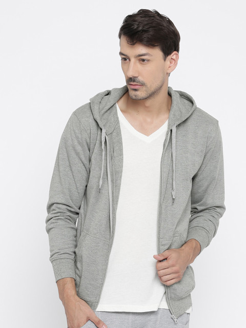 

Sports52 wear Men Grey Melange Solid Front Open Hooded Sweatshirt