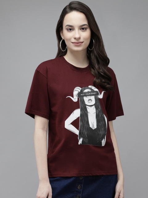

The Dry State Women Burgundy Printed Drop-Shoulder Sleeves Loose T-shirt