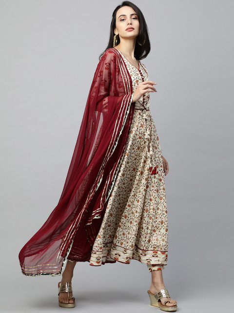 

FASHOR Women Off White 7 Maroon Floral Printed Pure Cotton Kurta with Trousers & Dupatta