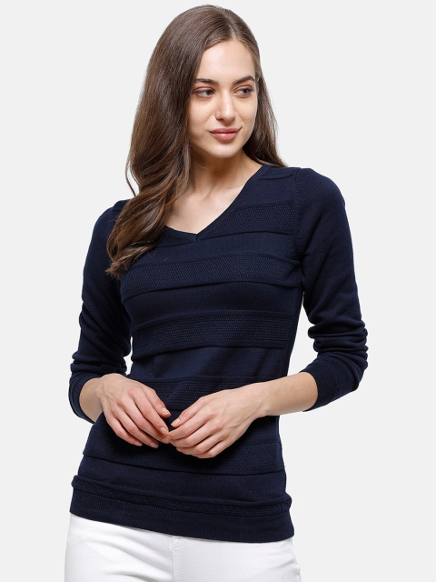 

98 Degree North Women Navy Blue Striped Pullover